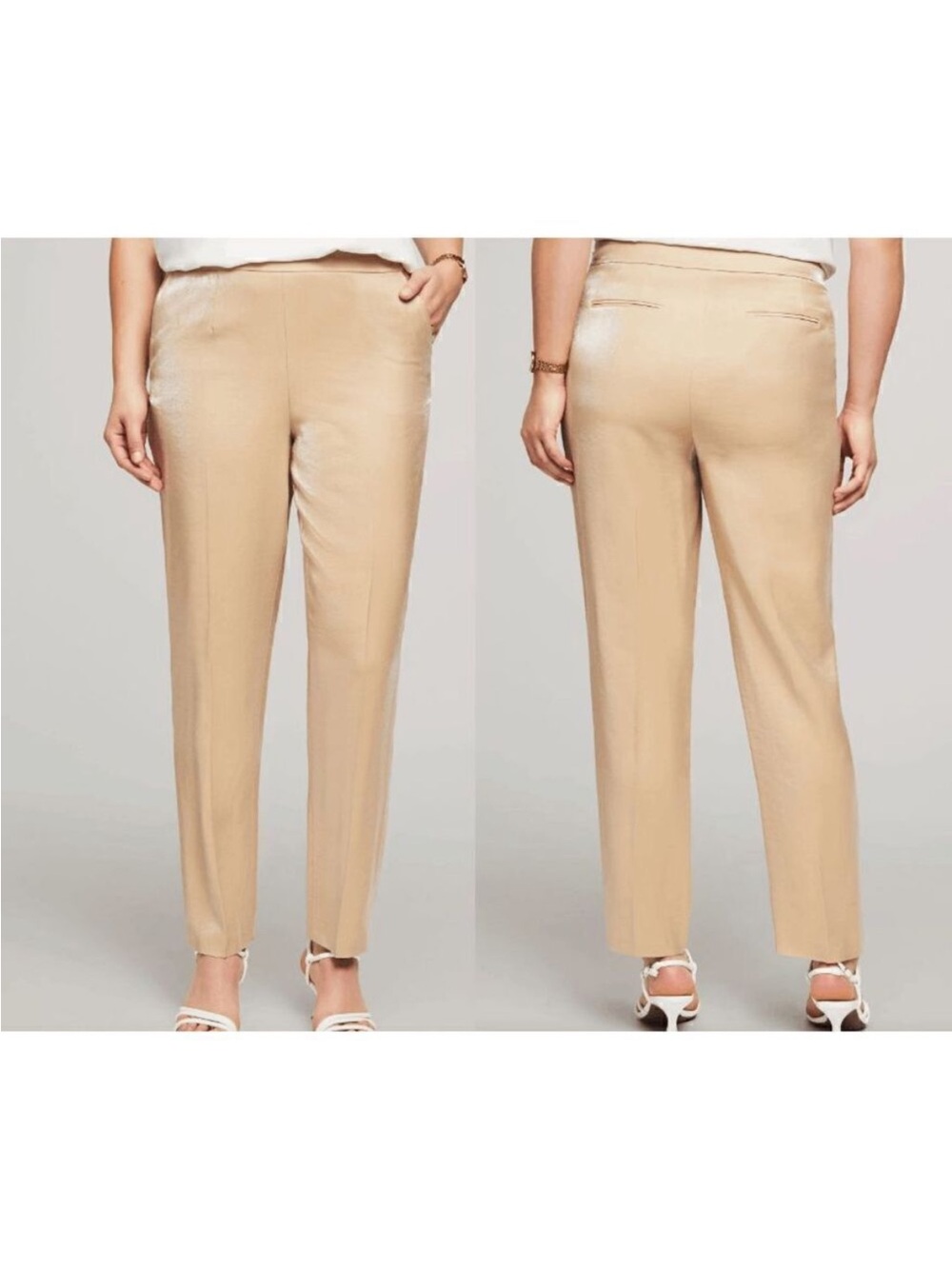 New Anne Klein Beige Shimmer Twill Straight Leg Trousers Size 10
